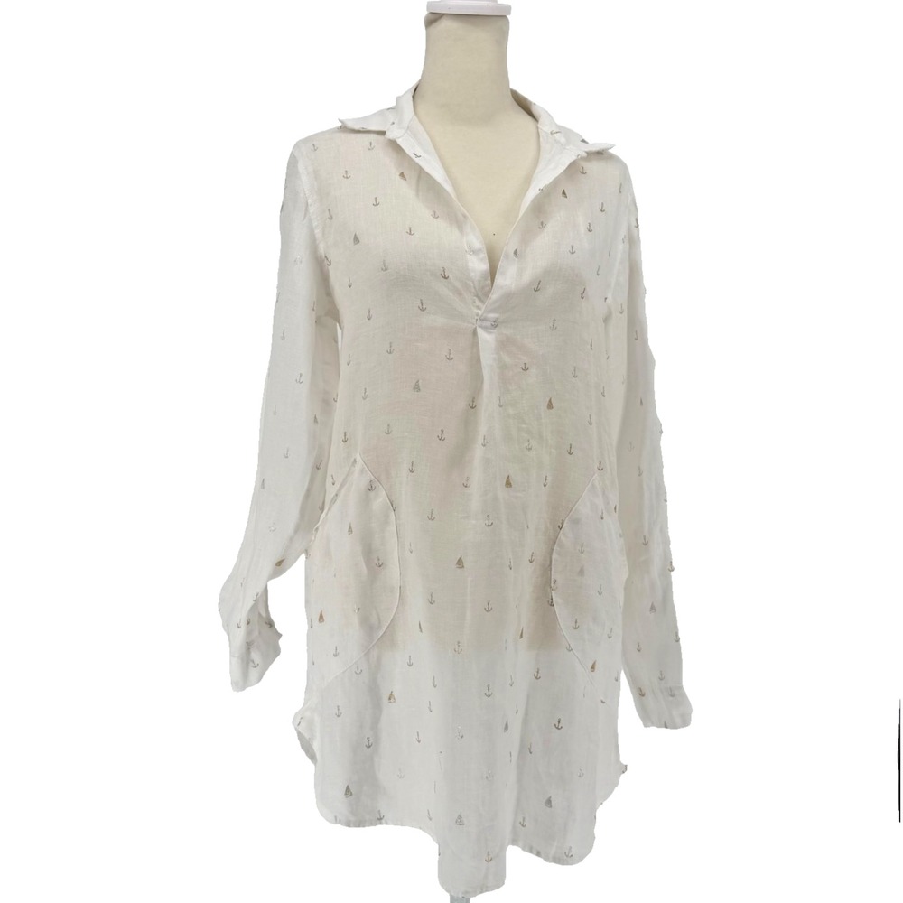 Forcynthia Linen Beachwear Metallic Sailboats & Anchors Tunic Swim Cover Size S